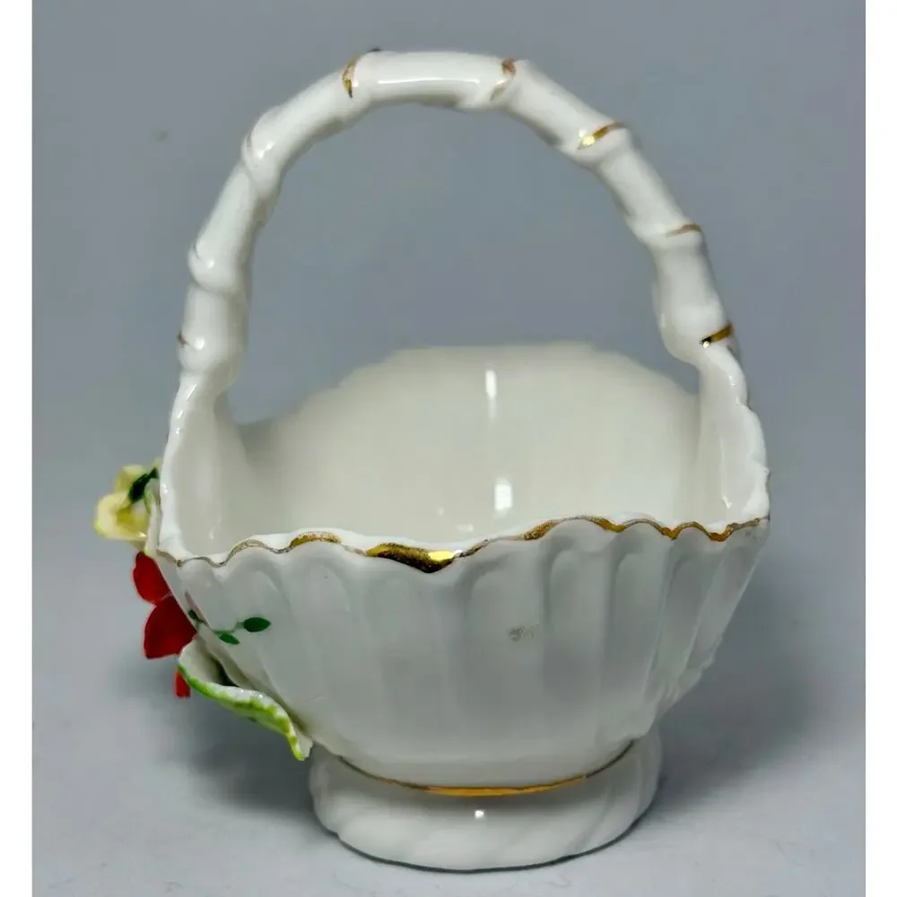 Vintage ARDCO Taiwan Porcelain Flower Basket Applied Roses Gold Trim 5 Inch